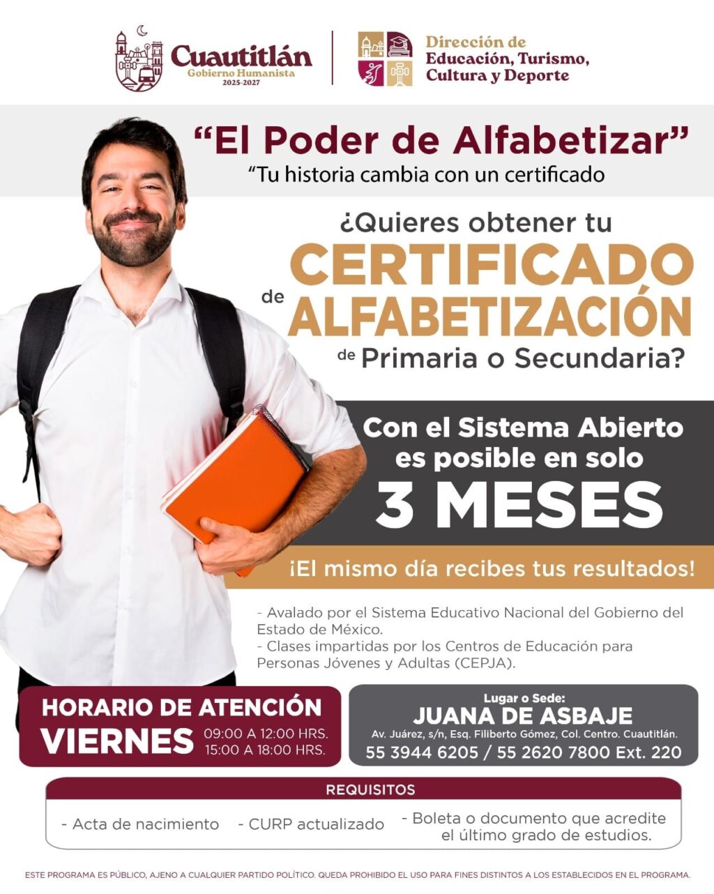 Autoridades de Cuautitlán impulsan el programa “El Poder de Alfabetizar”: tu historia cambia con un certificado