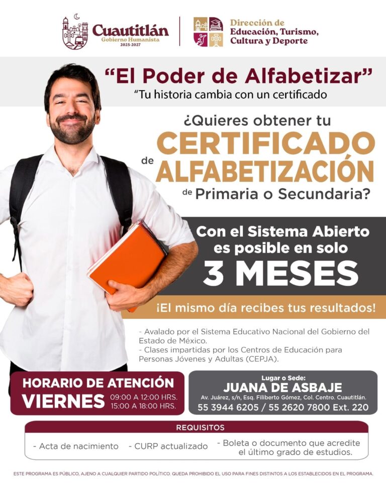 Autoridades de Cuautitlán impulsan el programa “El Poder de Alfabetizar”: tu historia cambia con un certificado